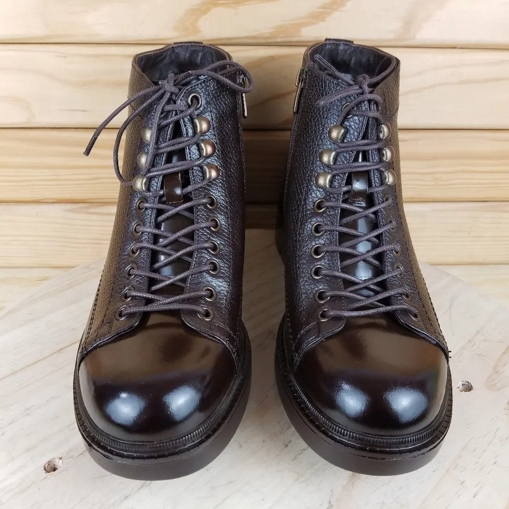 Men's 8M 100% Genuine Leather Brown Ankle Boots by Paul Branco Side Zip Lace-up